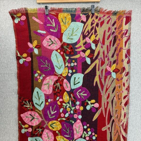 Embroidered Colorful Red Leaf / Floral  Wool? Scarf Shawl Wrap Stole 76" Long - Picture 6 of 14